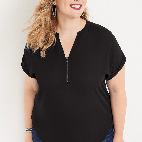 1X Maurices Black and White Geneva Windowpane Zipper Neck Blouse - Picture 8 of 10